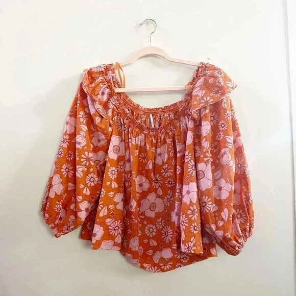 Free People ruffled off shoulder floral blouse extra small - Picture 1 of 3